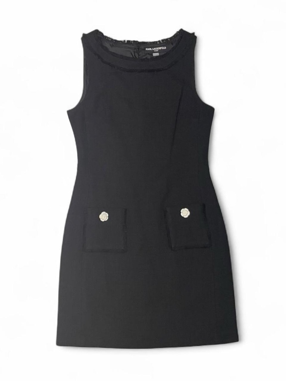 Karl Lagerfeld Black Tweed Mini Dress Patch pockets 10 Goth Preppy Minimalist